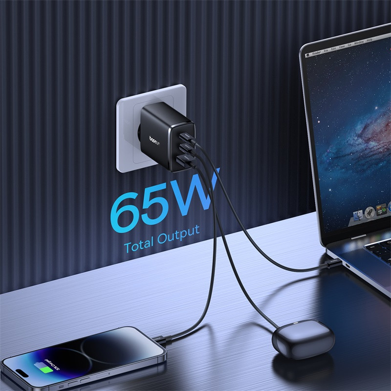 GaN Cube Pro 65W 2x USB-C USB-A sieninis įkroviklis, juodas