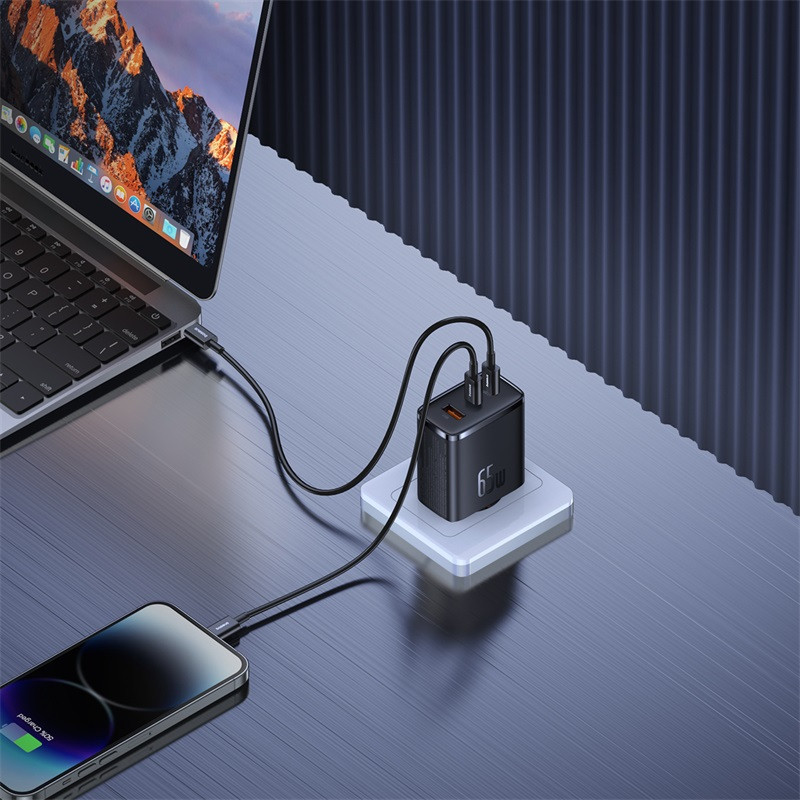 GaN Cube Pro 65W 2x USB-C USB-A sieninis įkroviklis, juodas