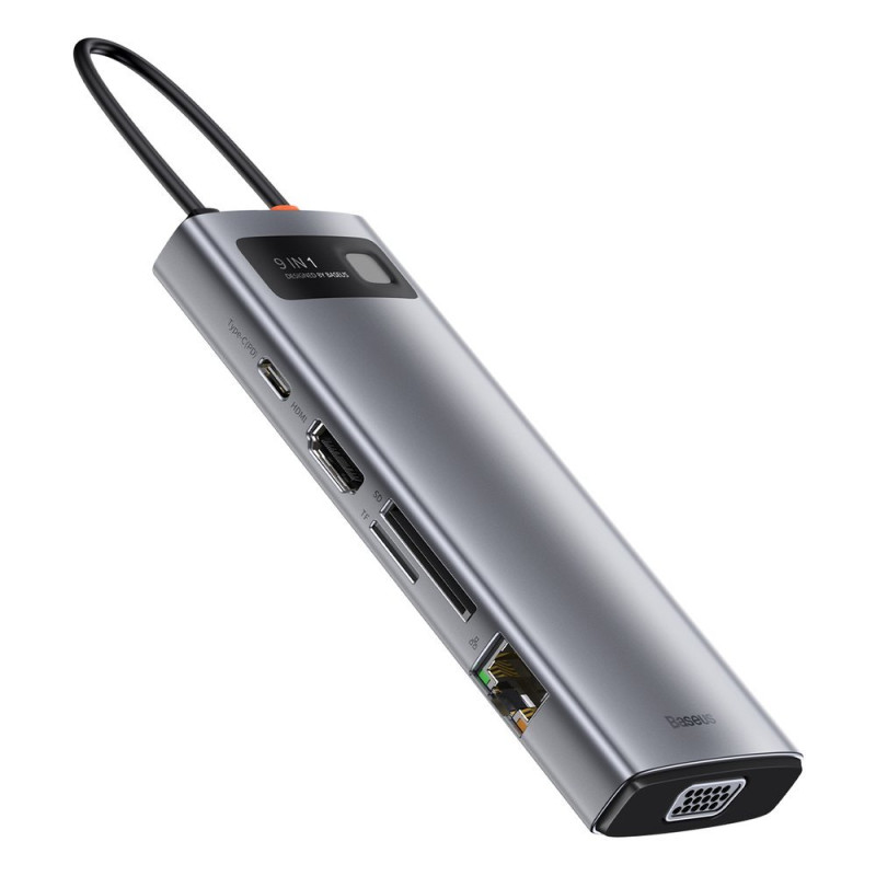 Daugiafunkcis HUB 9in1 USB-C 3xUSB 3.2 PD VGA Full HD HDMI 4K TF ir SD kortelių skaitytuvas RJ45 pilka