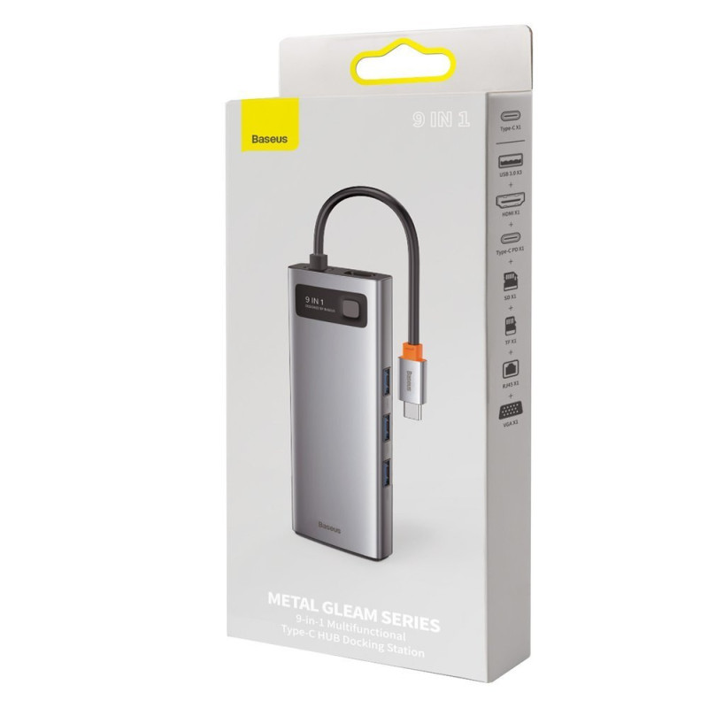 Daugiafunkcis HUB 9in1 USB-C 3xUSB 3.2 PD VGA Full HD HDMI 4K TF ir SD kortelių skaitytuvas RJ45 pilka