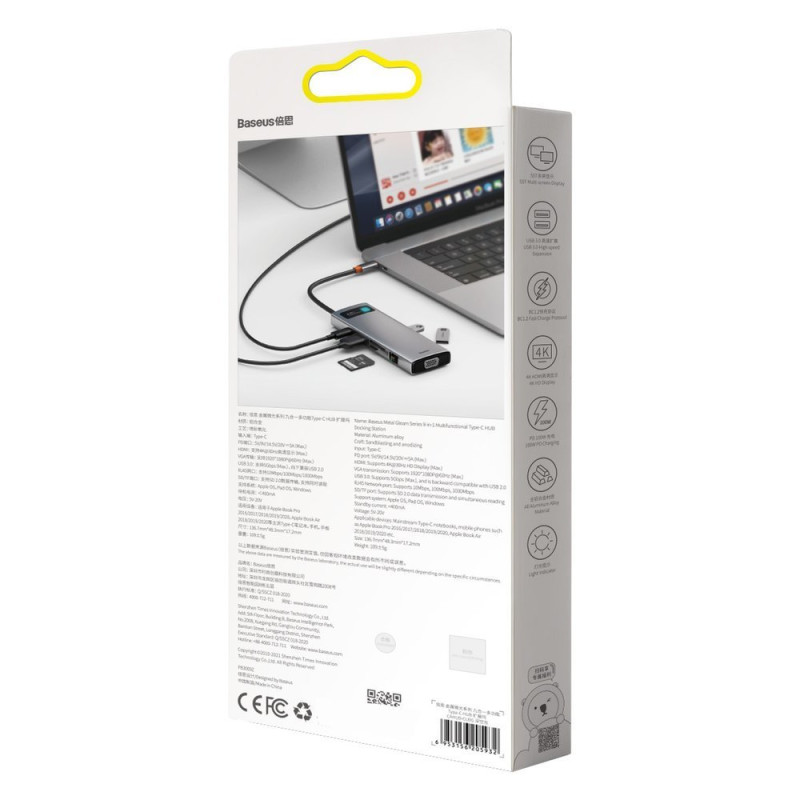 Daugiafunkcis HUB 9in1 USB-C 3xUSB 3.2 PD VGA Full HD HDMI 4K TF ir SD kortelių skaitytuvas RJ45 pilka