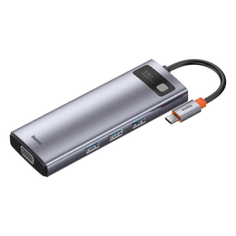 Daugiafunkcis HUB 9in1 USB-C 3xUSB 3.2 PD VGA Full HD HDMI 4K TF ir SD kortelių skaitytuvas RJ45 pilka