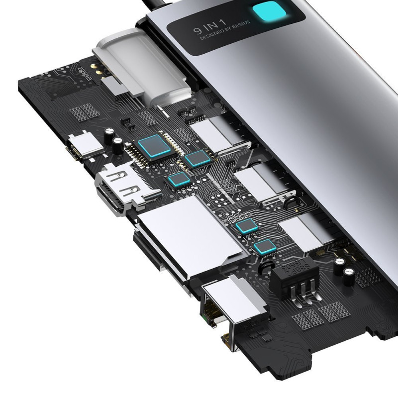 Daugiafunkcis HUB 9in1 USB-C 3xUSB 3.2 PD VGA Full HD HDMI 4K TF ir SD kortelių skaitytuvas RJ45 pilka