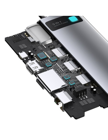 Daugiafunkcis HUB 9in1 USB-C 3xUSB 3.2 PD VGA Full HD HDMI 4K TF ir SD kortelių skaitytuvas RJ45 pilka Daugiafunkcis HUB 9in1 USB-C 3xUSB 3.2 PD VGA Full HD HDMI 4K TF ir SD kortelių skaitytuvas RJ45 pilka