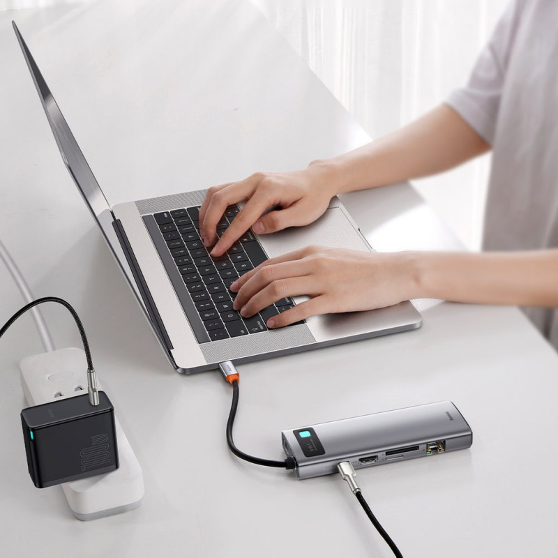 Daugiafunkcis HUB 9in1 USB-C 3xUSB 3.2 PD VGA Full HD HDMI 4K TF ir SD kortelių skaitytuvas RJ45 pilka