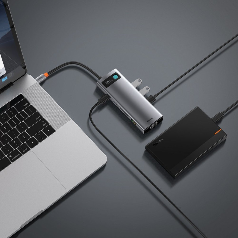 Daugiafunkcis HUB 9in1 USB-C 3xUSB 3.2 PD VGA Full HD HDMI 4K TF ir SD kortelių skaitytuvas RJ45 pilka