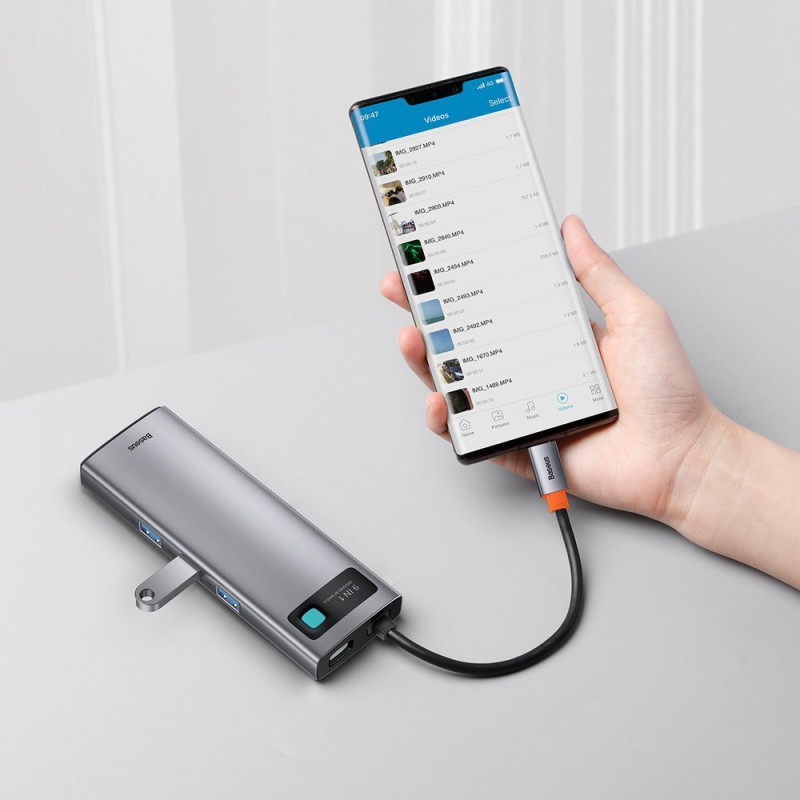 Daugiafunkcis HUB 9in1 USB-C 3xUSB 3.2 PD VGA Full HD HDMI 4K TF ir SD kortelių skaitytuvas RJ45 pilka