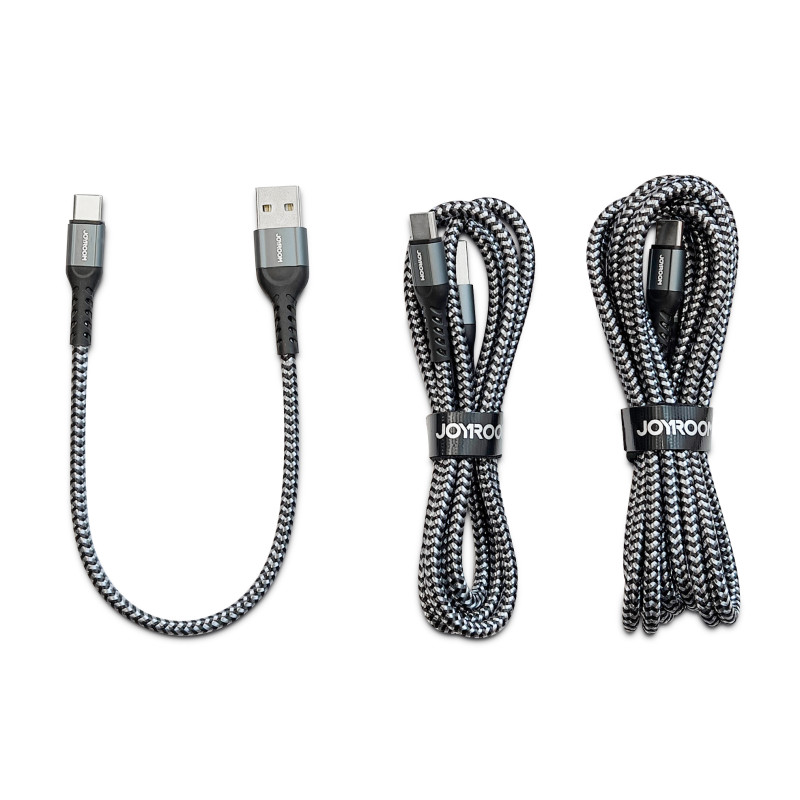 SET 3x pintas USB - USB-C laidas 0,25 m / 1,2 m / 2 m 3A pilka