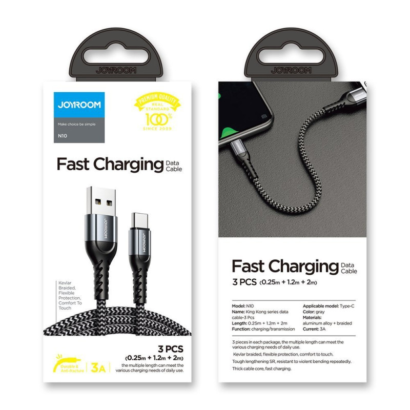 SET 3x pintas USB - USB-C laidas 0,25 m / 1,2 m / 2 m 3A pilka