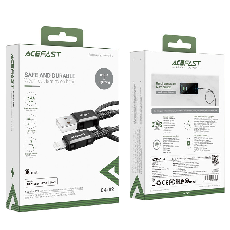 MFI kabelis iPhone USB - Lightning 2.4A 1.8m juodas