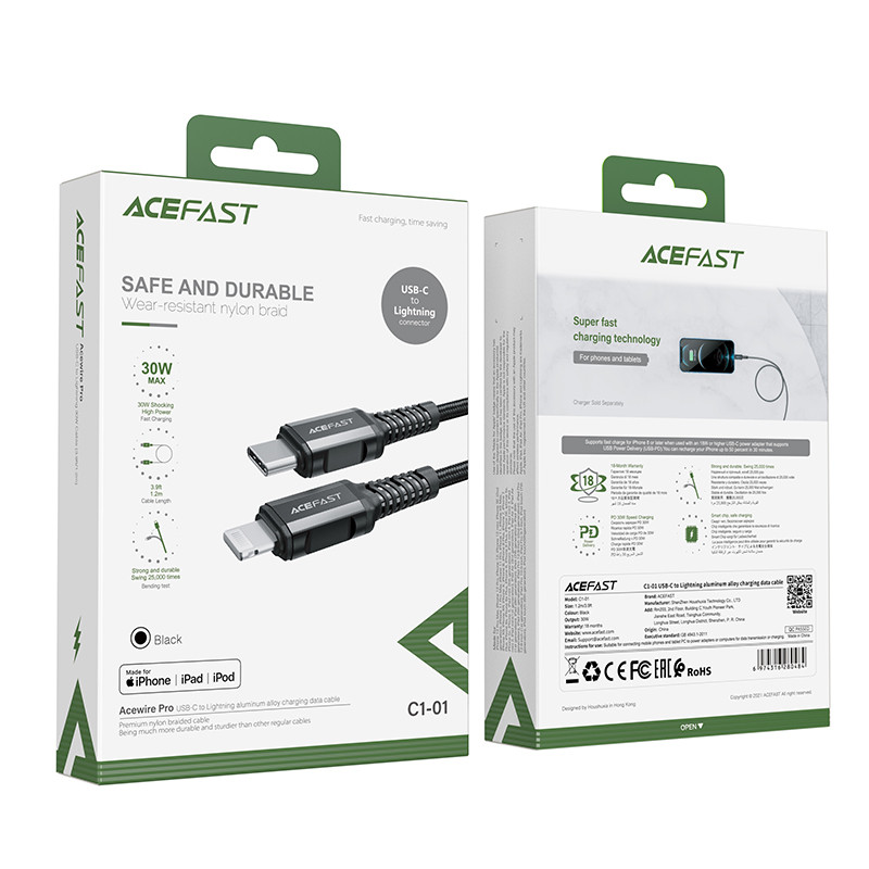 MFI laidas iPhone USB-C - Lightning 30W 3A 1,2m juodas