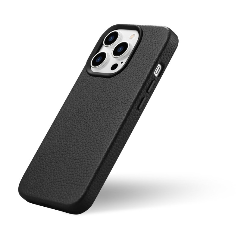 iPhone 14 Pro magnetinis odinis dėklas su MagSafe Litchi Premium Leather Case juodu