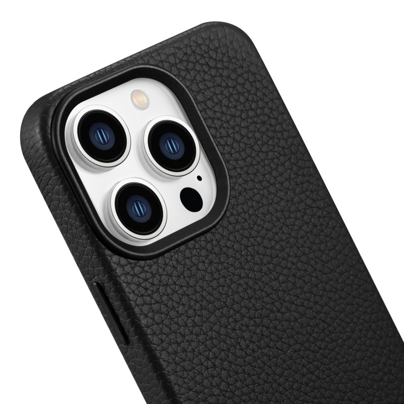 iPhone 14 Pro magnetinis odinis dėklas su MagSafe Litchi Premium Leather Case juodu