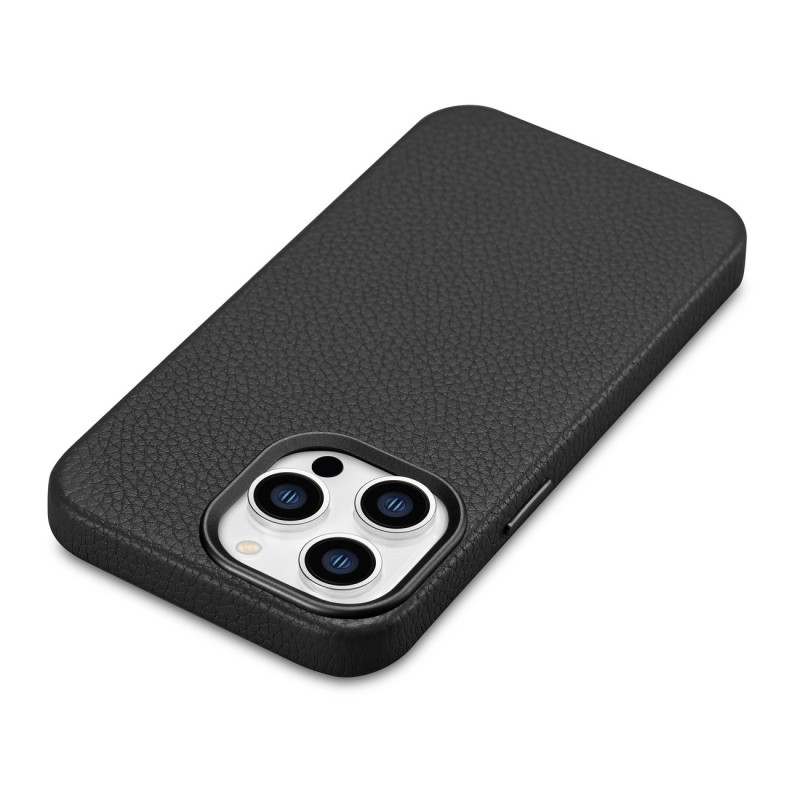 iPhone 14 Pro magnetinis odinis dėklas su MagSafe Litchi Premium Leather Case juodu