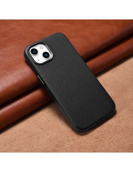 
iPhone 14 Plus magnetinis odinis dėklas su MagSafe Litchi Premium Leather Case juodu
