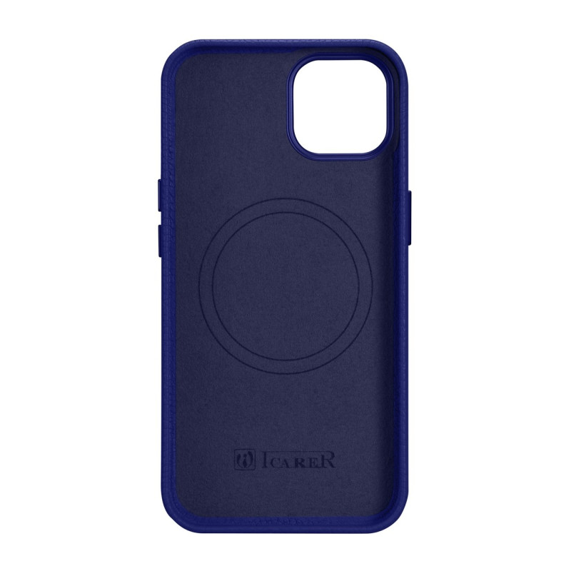 iPhone 14 Plus magnetinis odinis dėklas su MagSafe Litchi Premium Leather Case tamsiai mėlynu dėklu