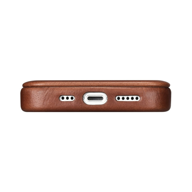 „iPhone 14“ magnetinis atverčiamas odinis dėklas „MagSafe CE Oil Wax Premium Leather Brown“.