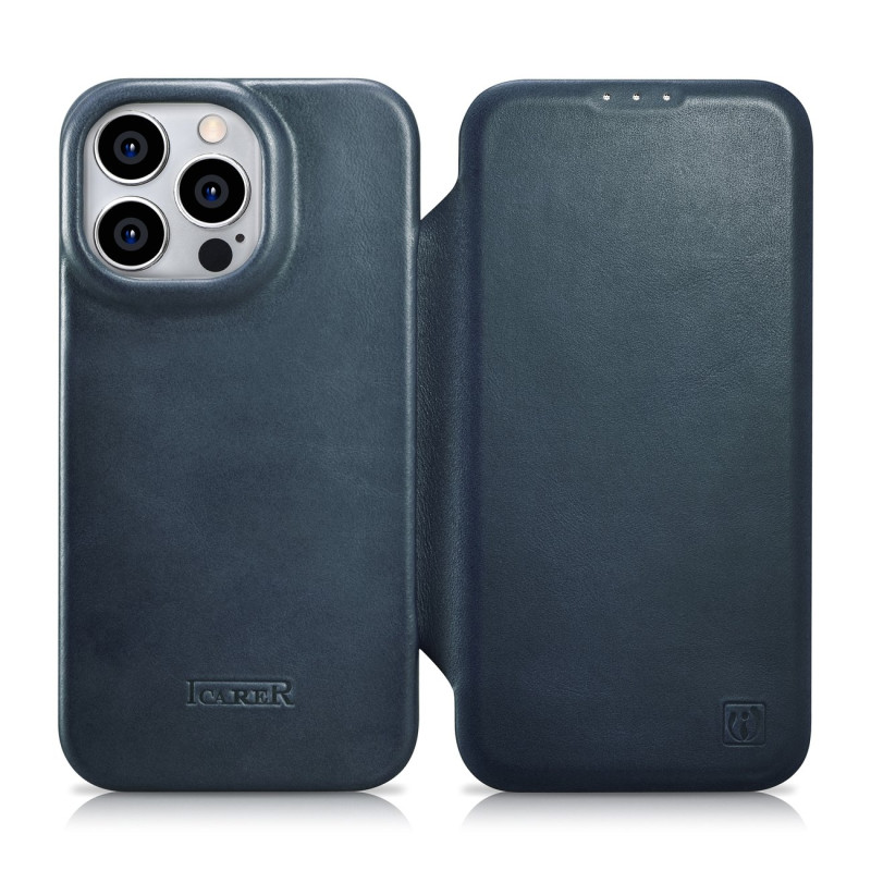 
„iPhone 14 Pro Max“ magnetinis atverčiamas dėklas „MagSafe CE Oil Wax Premium Leather“ tamsiai mėlynas
