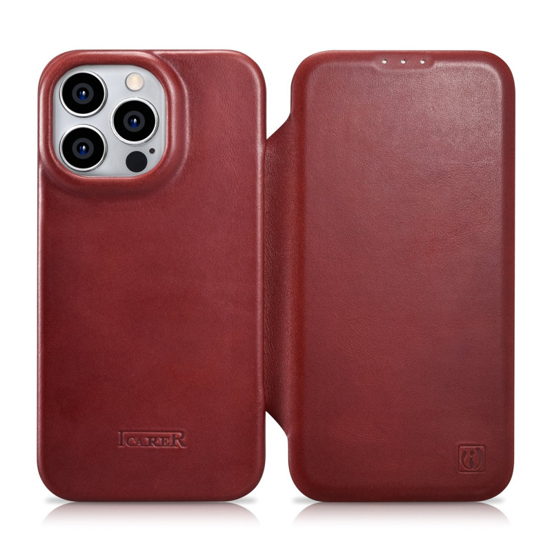 
„iPhone 14 Pro Max“ odinis dėklas su apverčiamu magnetiniu „MagSafe CE“ alyvos vašku „Premium Leather Burgundy“
