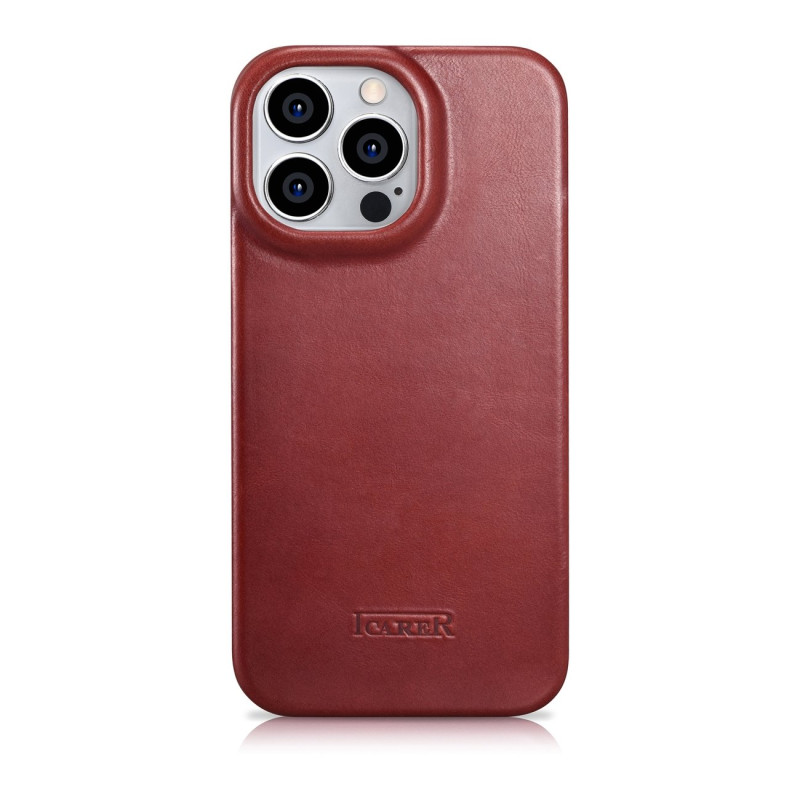 „iPhone 14 Pro Max“ odinis dėklas su apverčiamu magnetiniu „MagSafe CE“ alyvos vašku „Premium Leather Burgundy“