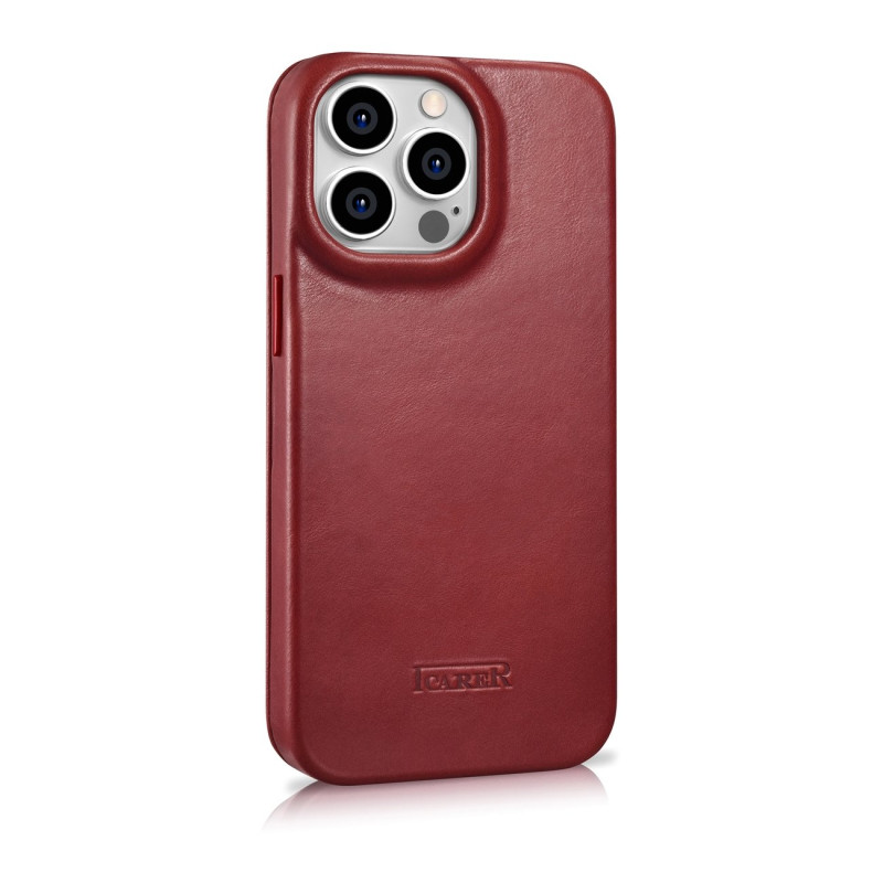 „iPhone 14 Pro Max“ odinis dėklas su apverčiamu magnetiniu „MagSafe CE“ alyvos vašku „Premium Leather Burgundy“