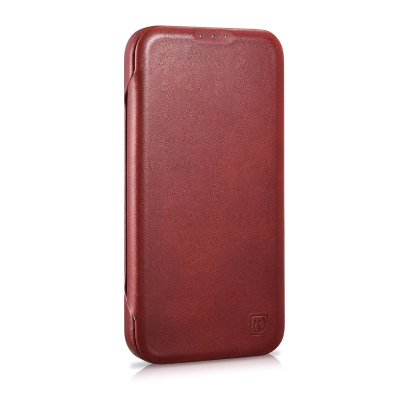„iPhone 14 Pro Max“ odinis dėklas su apverčiamu magnetiniu „MagSafe CE“ alyvos vašku „Premium Leather Burgundy“