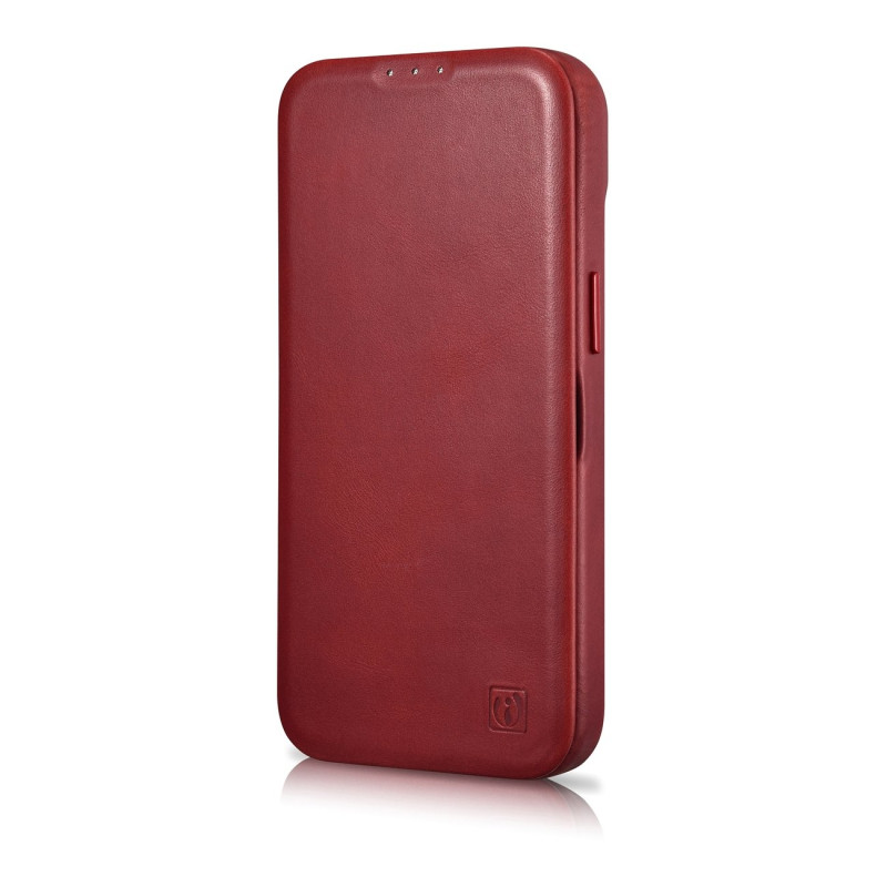 „iPhone 14 Pro Max“ odinis dėklas su apverčiamu magnetiniu „MagSafe CE“ alyvos vašku „Premium Leather Burgundy“
