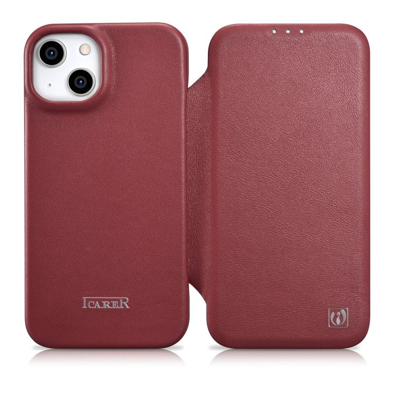 
iPhone 14 odinis dėklas su magnetiniu atvartu MagSafe CE Premium Leather bordo spalvos
