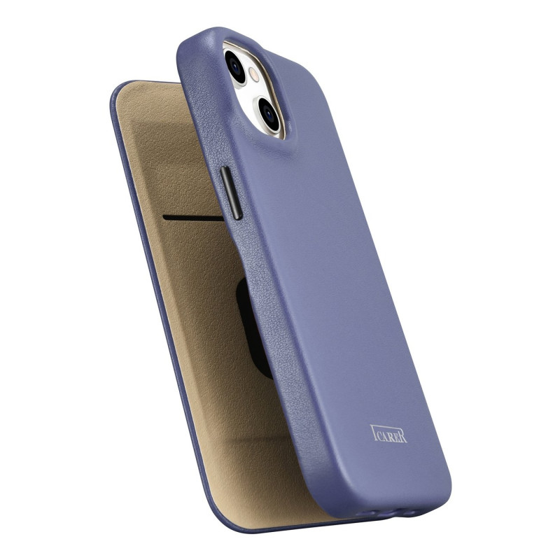 Odinis iPhone 14 dėklas su magnetiniu atvartu MagSafe CE Premium Leather šviesiai violetinis