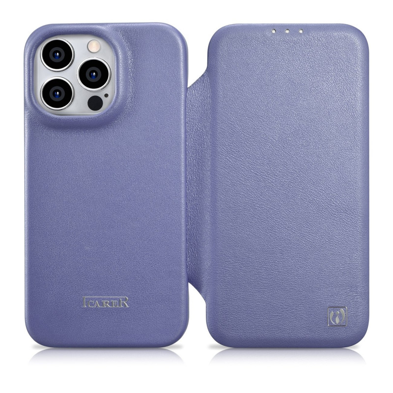 
iPhone 14 Pro magnetinis atverčiamas dėklas MagSafe CE Premium Leather šviesiai violetinis
