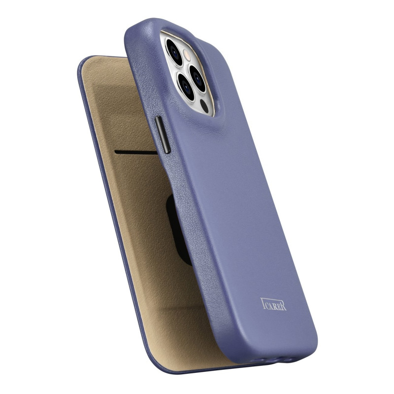 iPhone 14 Pro magnetinis atverčiamas dėklas MagSafe CE Premium Leather šviesiai violetinis