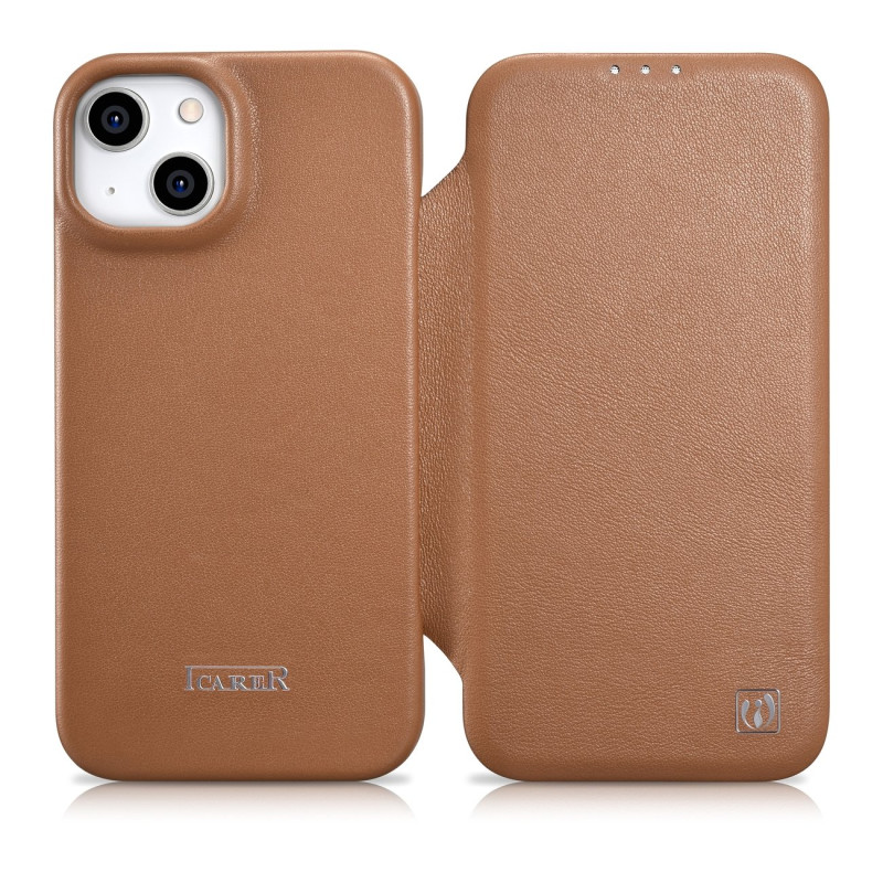 
iPhone 14 Plus odinis dėklas su magnetiniu atvartu MagSafe CE Premium Leather šviesiai rudos spalvos
