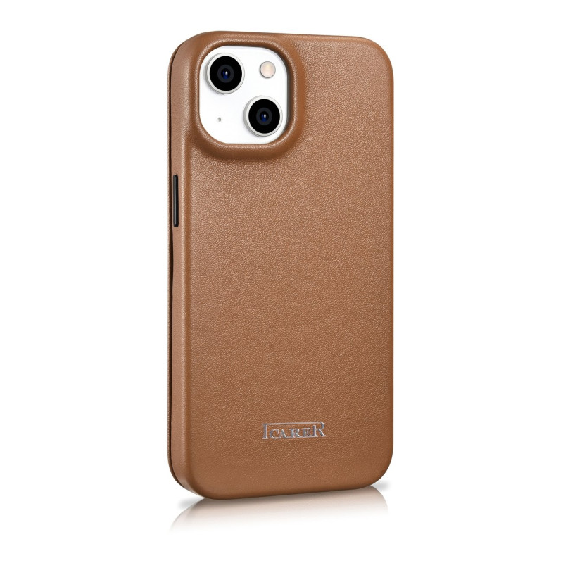 iPhone 14 Plus odinis dėklas su magnetiniu atvartu MagSafe CE Premium Leather šviesiai rudos spalvos