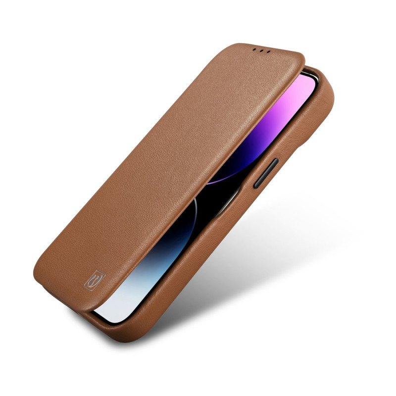 iPhone 14 Plus odinis dėklas su magnetiniu atvartu MagSafe CE Premium Leather šviesiai rudos spalvos