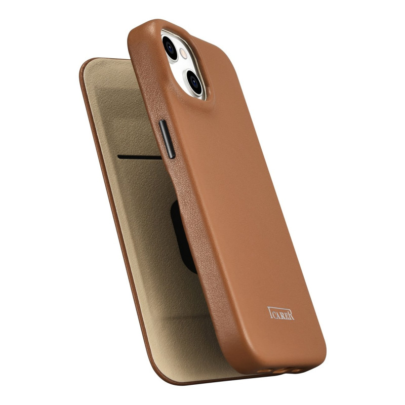 iPhone 14 Plus odinis dėklas su magnetiniu atvartu MagSafe CE Premium Leather šviesiai rudos spalvos