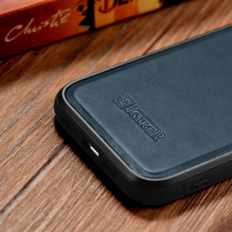 Natūralios odos dėklas skirtas iPhone 14 Pro Max Leather Oil Wax, tamsiai mėlynas