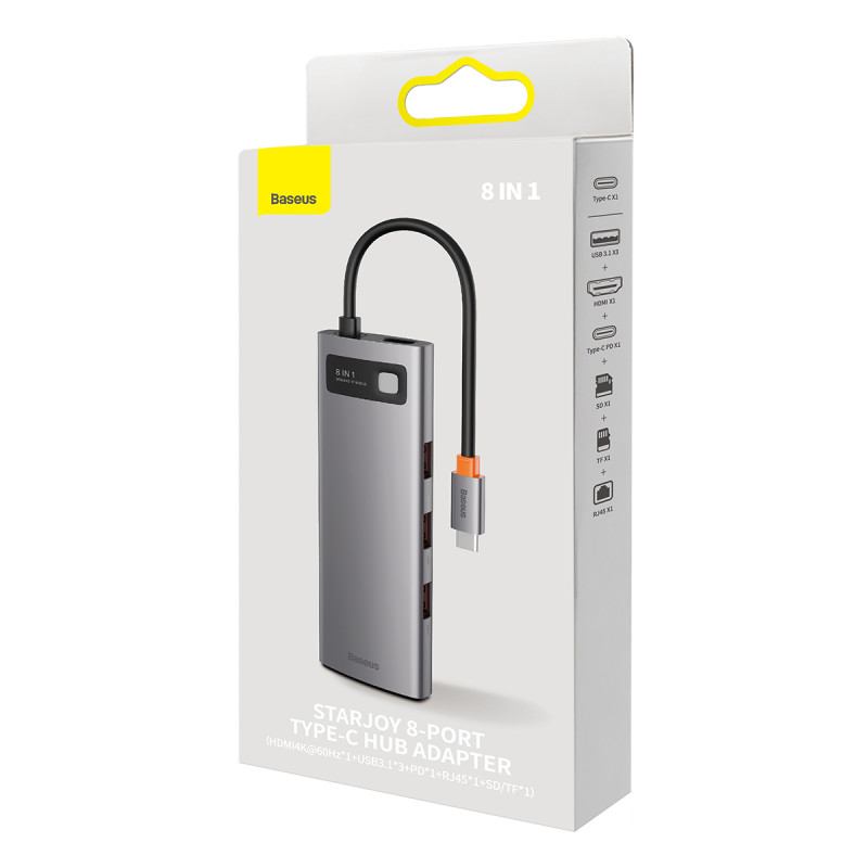 8 viename HUB adapteris StarJoy USB-C į USB-C PD 3x USB-A HDMI RJ-45 SD TF pilka