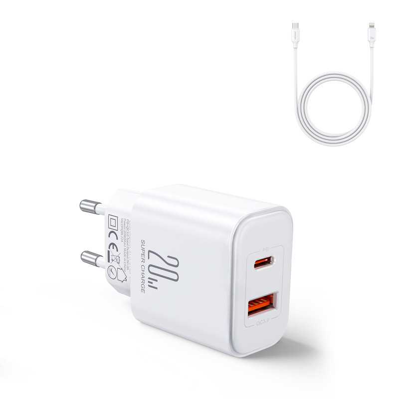 Greitas 20 W USB-C USB-A sieninis įkroviklis + 1 m iPhone Lightning laidas