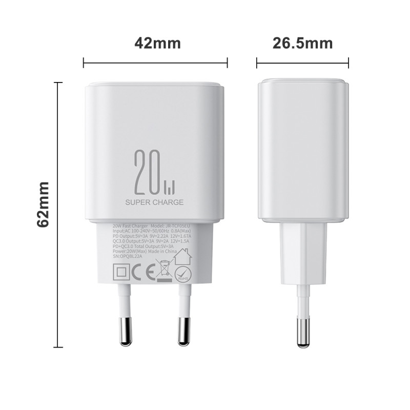 Greitas 20 W USB-C USB-A sieninis įkroviklis + 1 m iPhone Lightning laidas