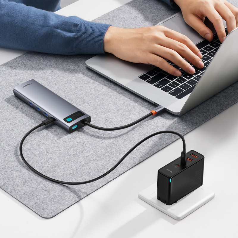 11in1 HUB adapteris USB-C į USB-C PD 4x USB HDMI VGA AUX RJ45 SD TF pilka