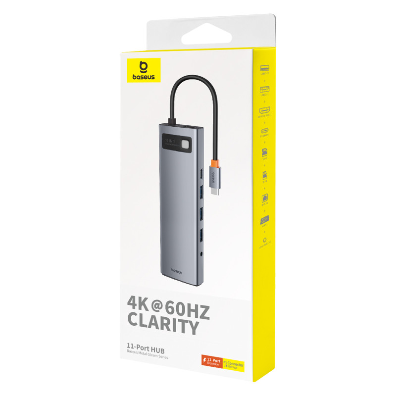 11in1 HUB adapteris USB-C į USB-C PD 4x USB HDMI VGA AUX RJ45 SD TF pilka