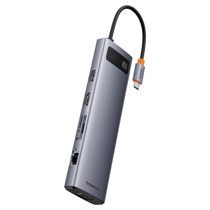11in1 HUB adapteris USB-C į USB-C PD 4x USB HDMI VGA AUX RJ45 SD TF pilka
