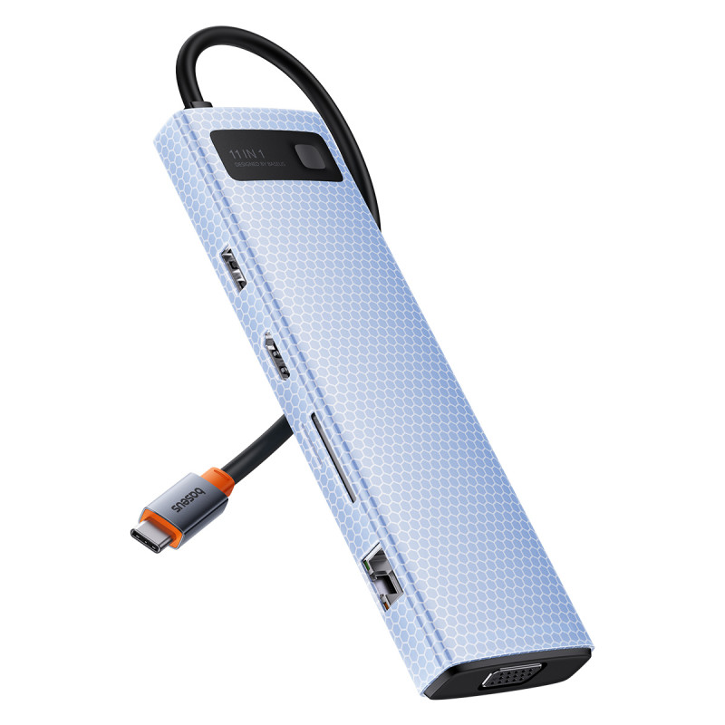 11in1 HUB adapteris USB-C į USB-C PD 4x USB HDMI VGA AUX RJ45 SD TF pilka