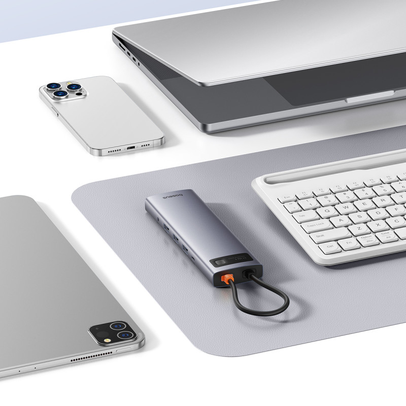 11in1 HUB adapteris USB-C į USB-C PD 4x USB HDMI VGA AUX RJ45 SD TF pilka