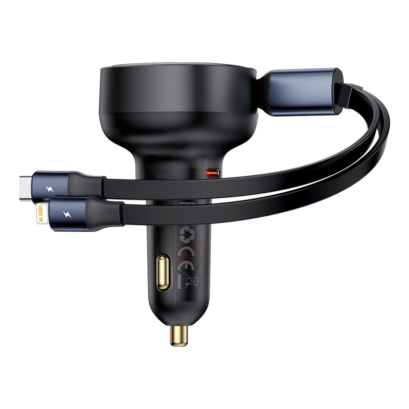
Automobilinis įkroviklis su USB-C ir ištraukiamu USB-C laidu iPhone 60W, juodas
