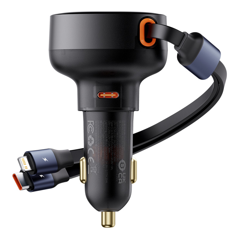 Automobilinis įkroviklis su USB-C ir ištraukiamu USB-C laidu iPhone 60W, juodas