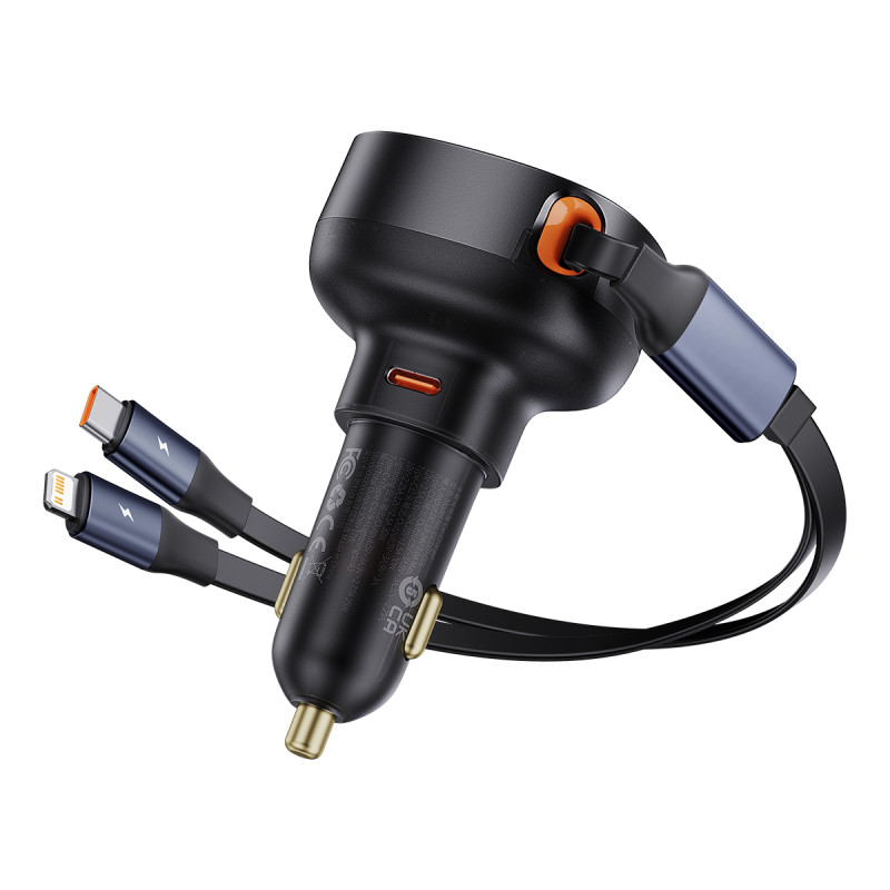 Automobilinis įkroviklis su USB-C ir ištraukiamu USB-C laidu iPhone 60W, juodas