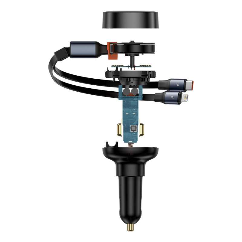 Automobilinis įkroviklis su USB-C ir ištraukiamu USB-C laidu iPhone 60W, juodas