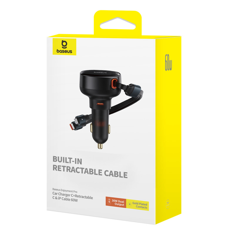 Automobilinis įkroviklis su USB-C ir ištraukiamu USB-C laidu iPhone 60W, juodas