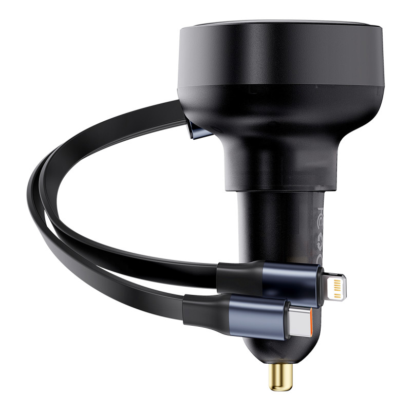 Automobilinis įkroviklis su USB-C ir ištraukiamu USB-C laidu iPhone 60W, juodas